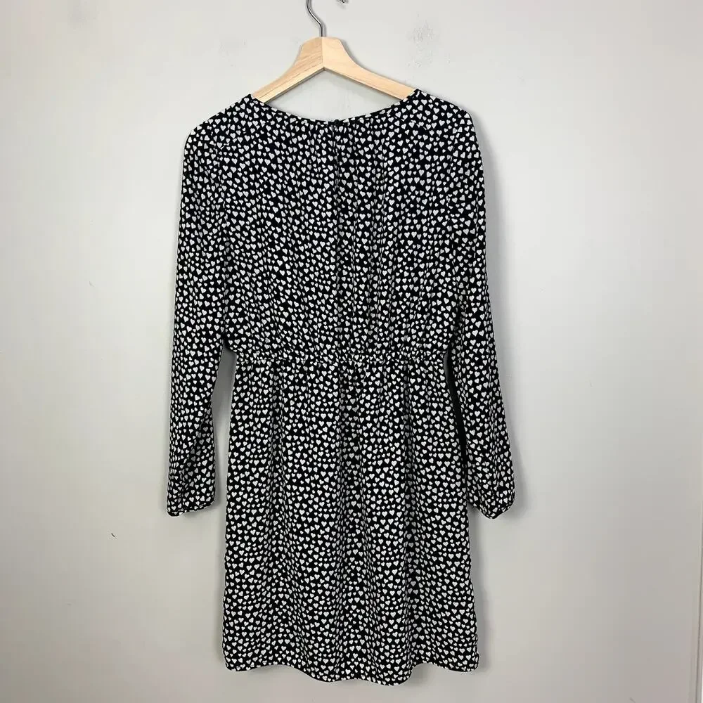 J Crew Tulip Hem Black White Heart Print Faux Wrap Dress 4 S Valentine's Day